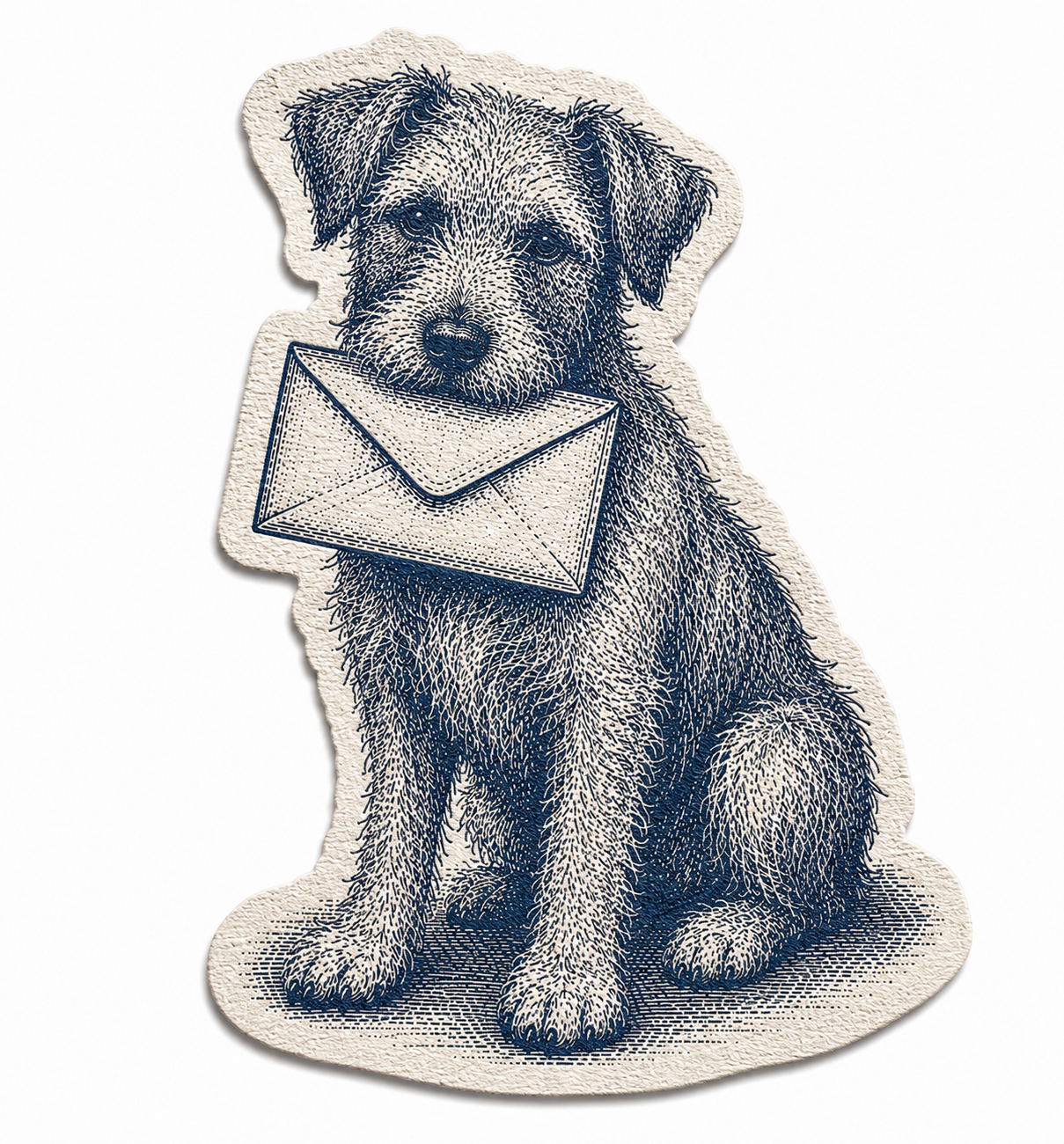 Illustration of a puppy holding an envelope in its mouth.