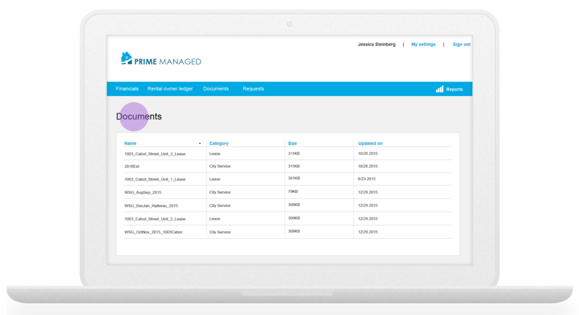 Laptop screen displaying Prime Managed software with a list of documents, including their names, categories, sizes, and update dates.