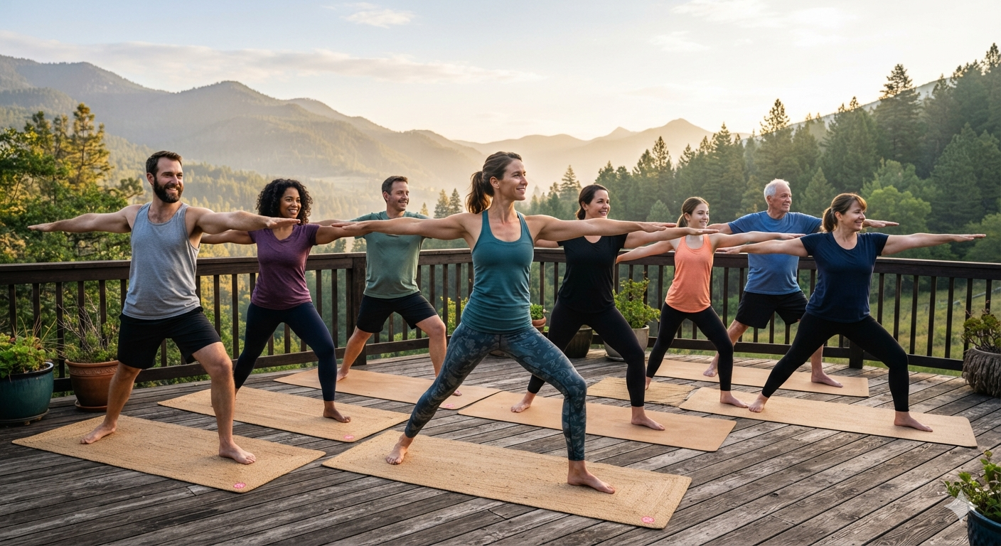 Group of seven people practicing yoga outdoors on wooden deck in mountains, standing with arms extended and feet apart, participating in a yoga class at sunrise or sunset.