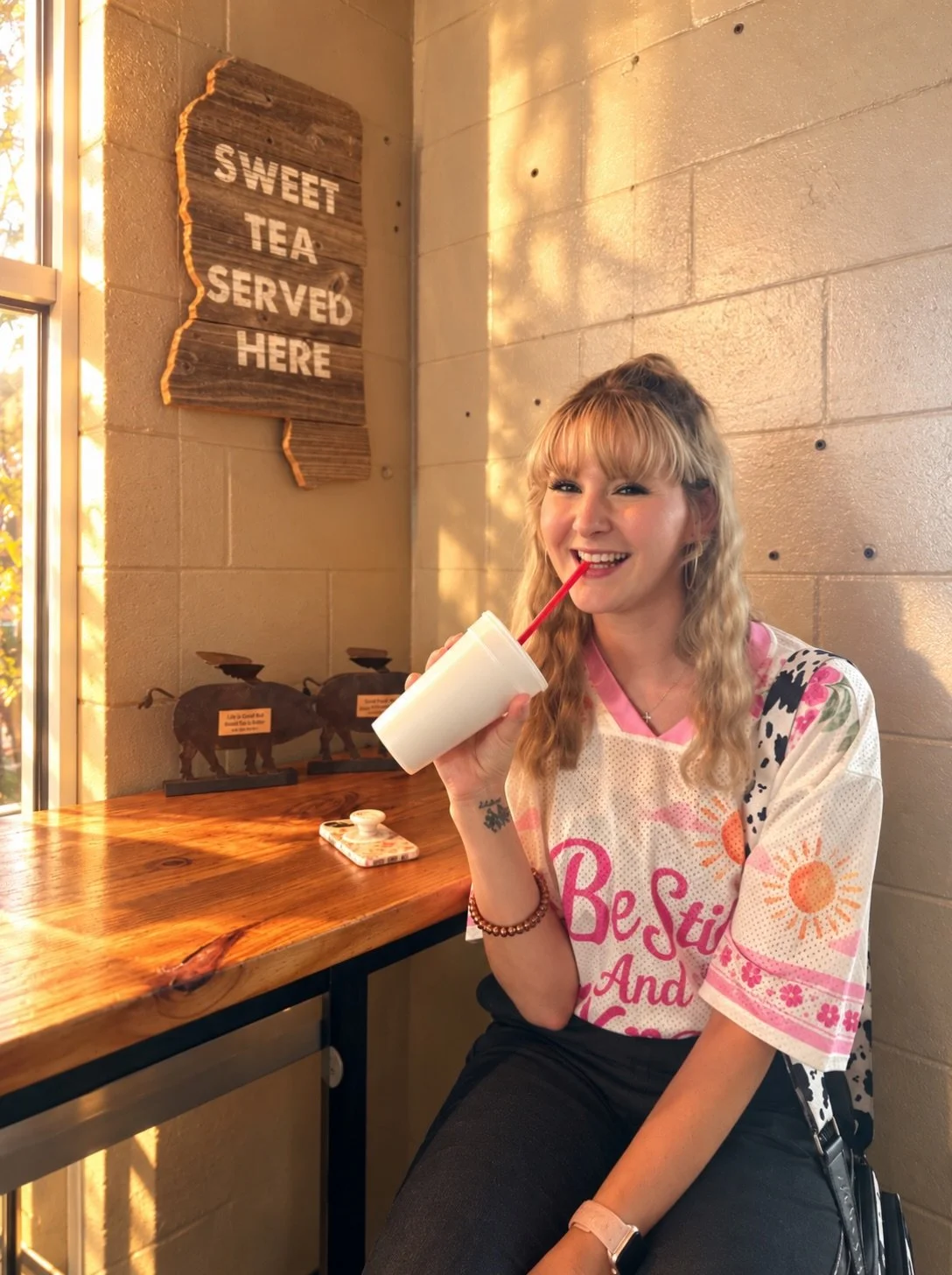 sweet tea, sunshine, and a little reminder to enjoy the life God has already given you. 🤍☀️🧋 not every good day has to be productive, profound, or perfectly planned. sometimes it&rsquo;s just sitting in the golden light with your favorite drink and