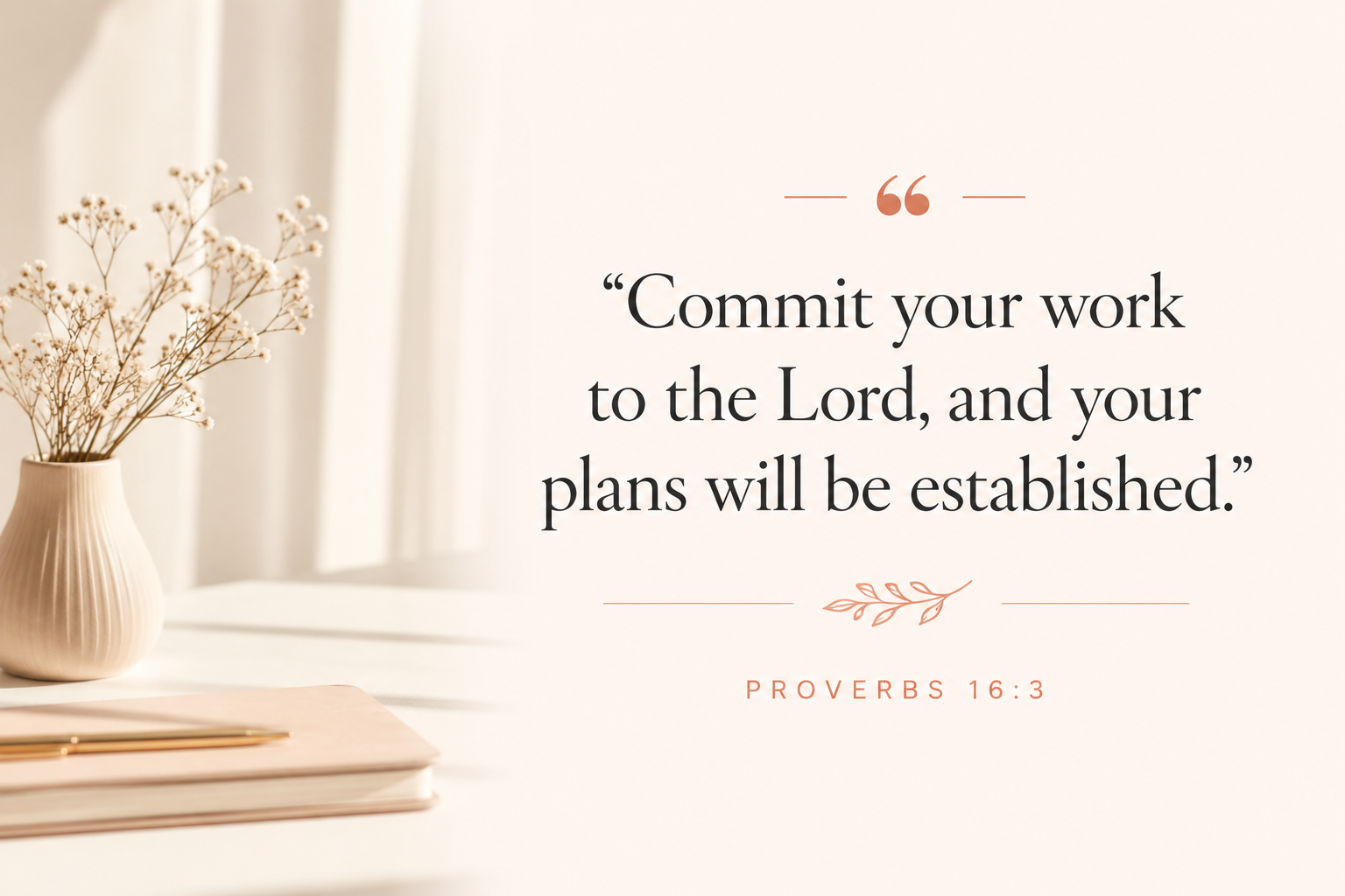 A quote from Proverbs 16:3 on a white background, with a small beige vase containing dried flowers on the left and a closed notebook with a pen on top. The quote says, "Commit your work to the Lord, and your plans will be established."