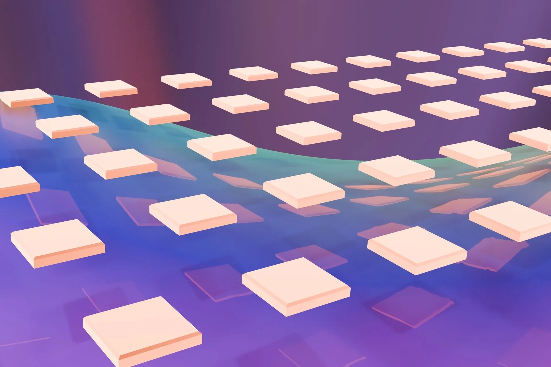 Digital illustration of a futuristic cityscape with floating white rectangular structures over a purple and blue gradient background.