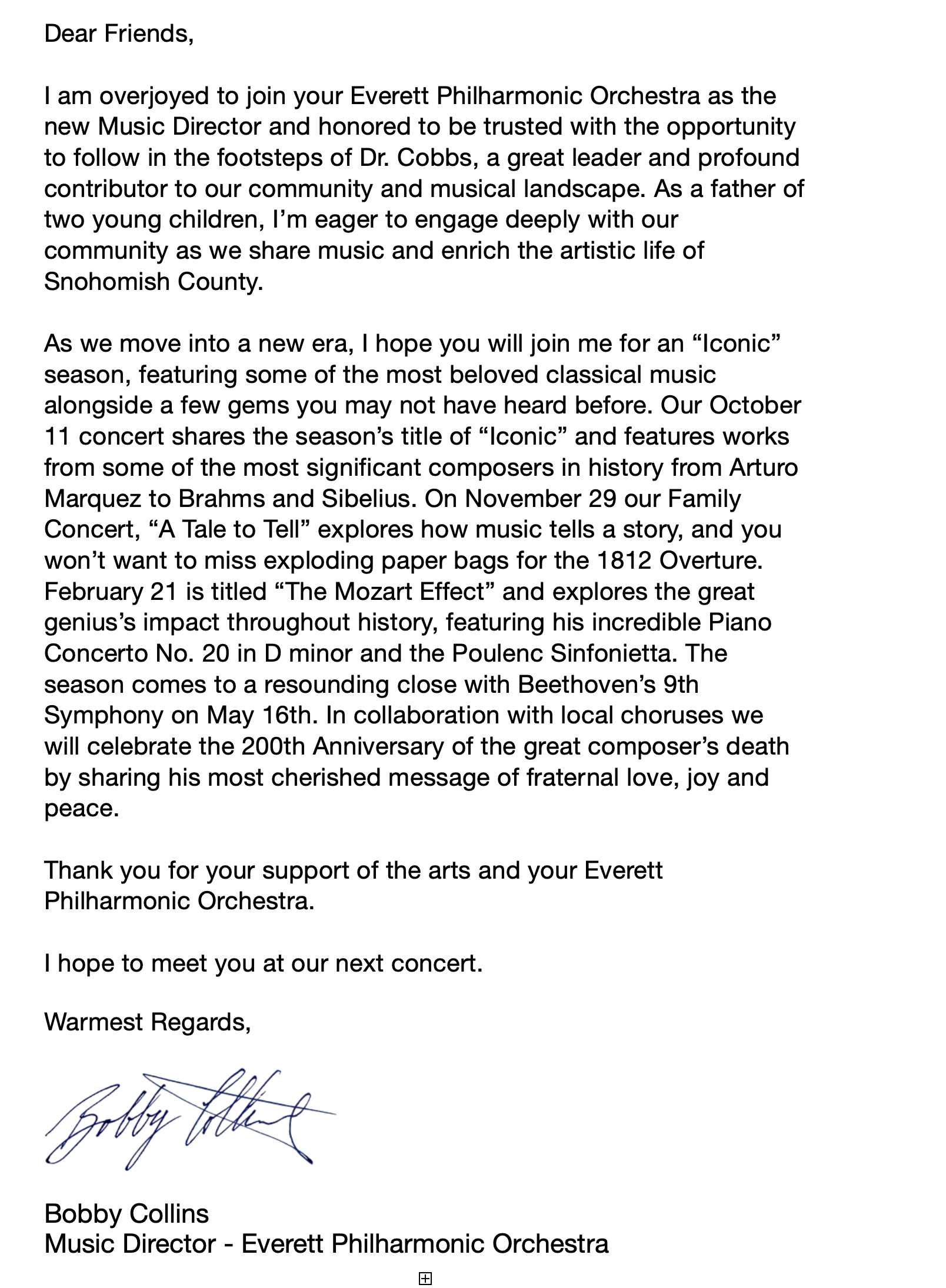 Letter from Bobby Collins, Music Director of the Everett Philharmonic Orchestra, addressed to friends, signing off with his signature and his title.