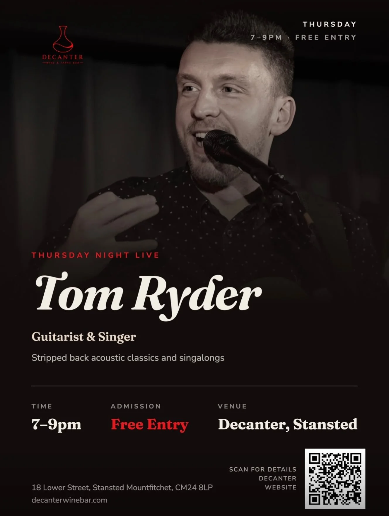 Exiting news ! @tomryderlive is performing @decanter_stansted on Thursday 3rd of September from 7/9pm. Free entry ! Hope to see you all 🤞