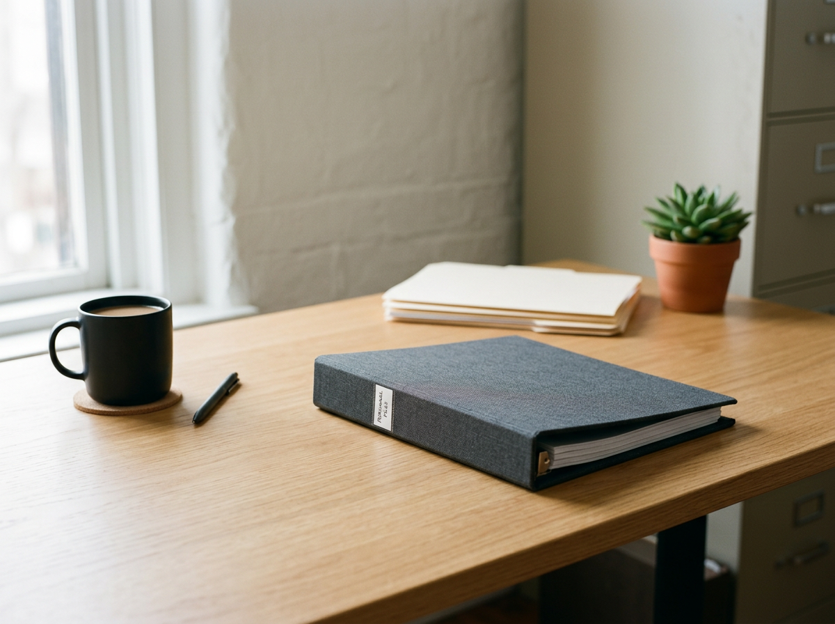 An organized wooden desk with a black coffee mug, a black pen, a large gray binder, a stack of white papers, and a small potted succulent plant near a window with natural light.