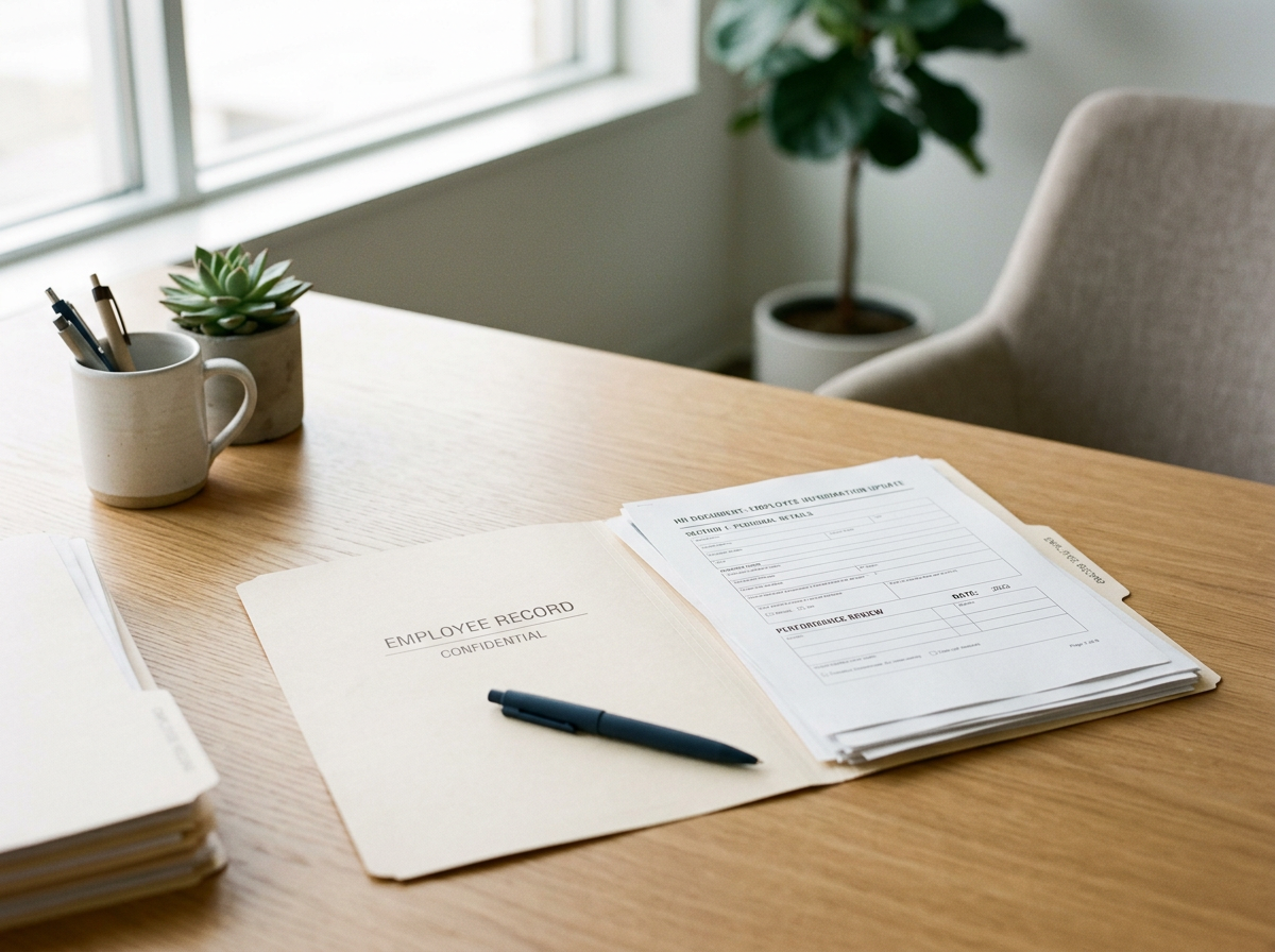 Desk with employee records, a pen, pens in a mug, a small potted succulent, and a large potted plant in the background near a window.