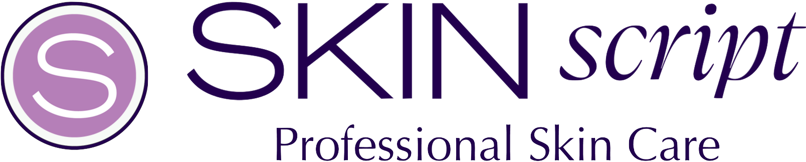 Logo for SKIN script, a professional skin care brand with a purple and white circular emblem featuring an S, and the text "SKIN script" in large purple font, with a tagline "Professional Skin Care" underneath.