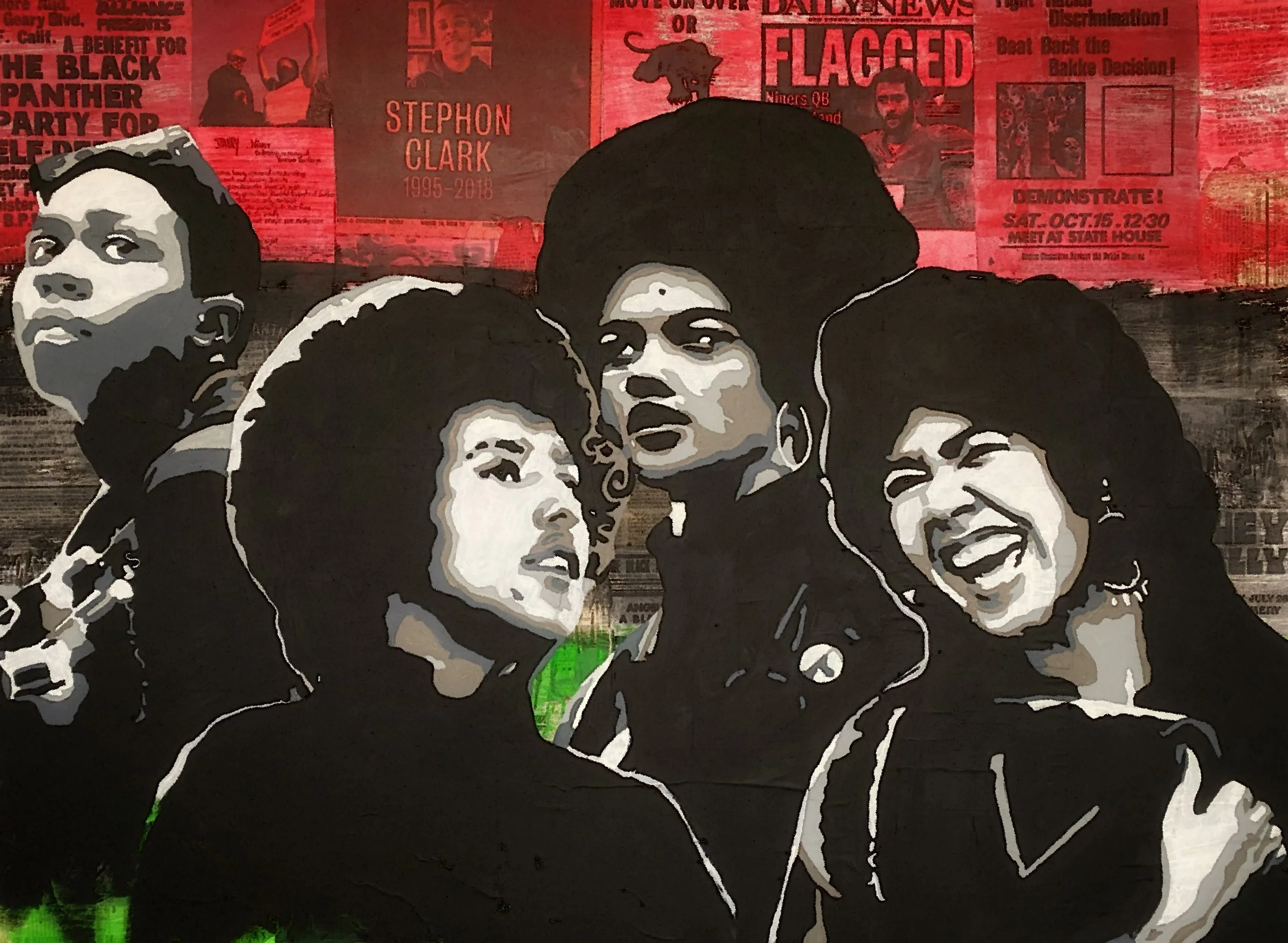 A mural depicting a diverse group of people with various facial expressions and hairstyles, set against a background of newspaper clippings and red tones.