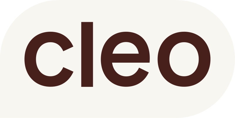 The word "cleo" written in lowercase bold brown letters on a white background.