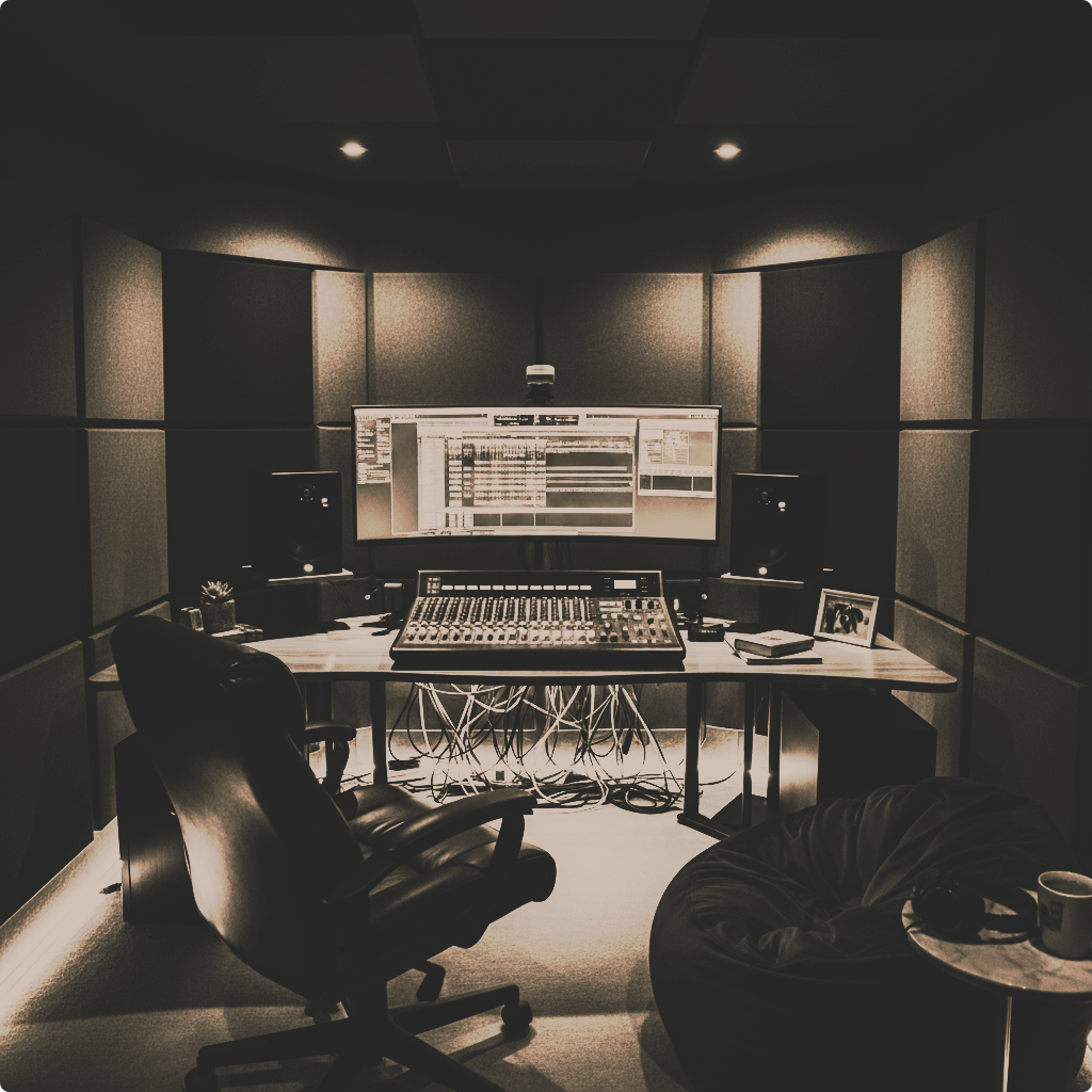 A music studio with a large computer monitor displaying audio editing software, a mixing console, studio speakers, a black office chair, a bean bag chair with headphones and a mug on a small table, and soundproof walls.
