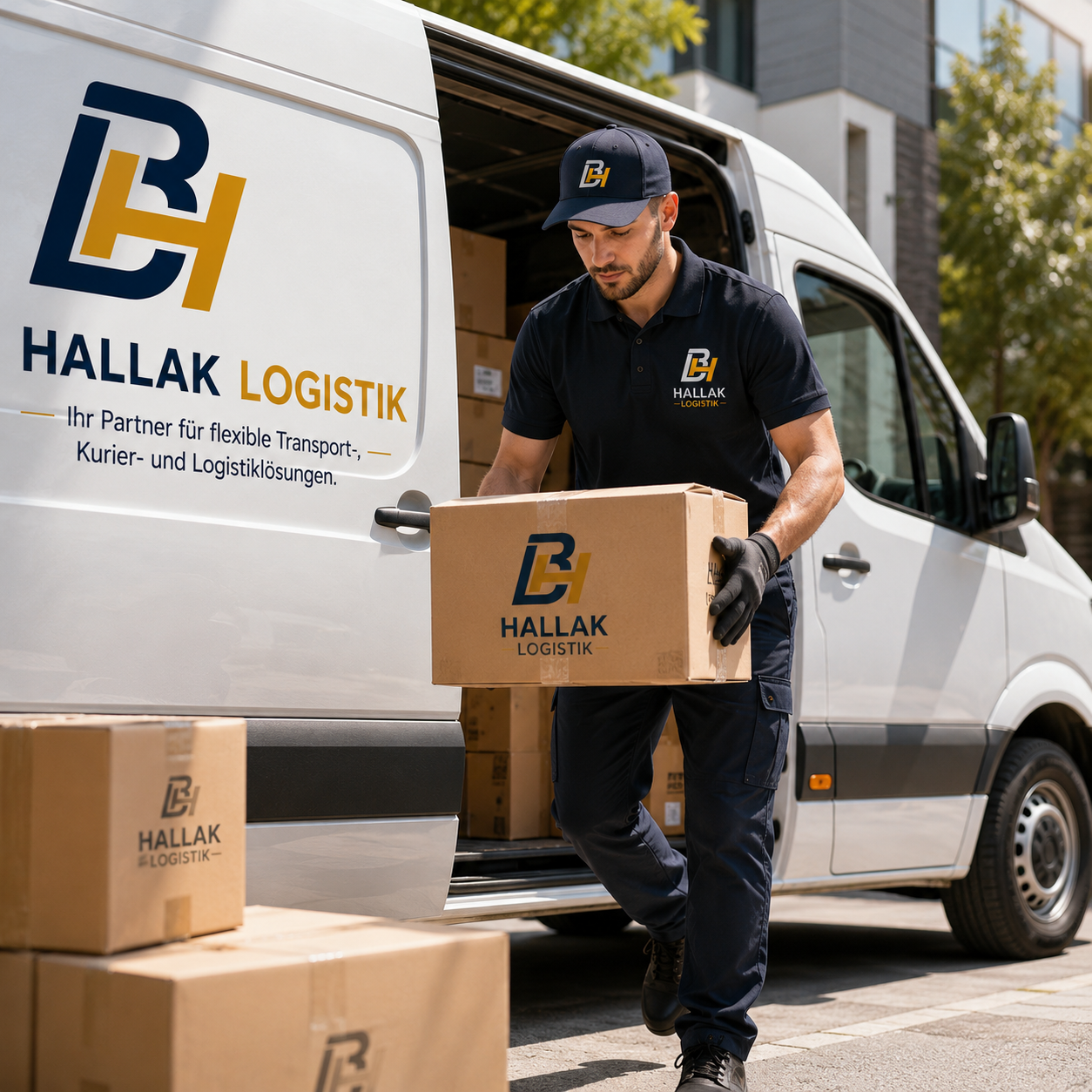 Hallak Logistik Mitarbeiter liefert Paket aus einem Transporter