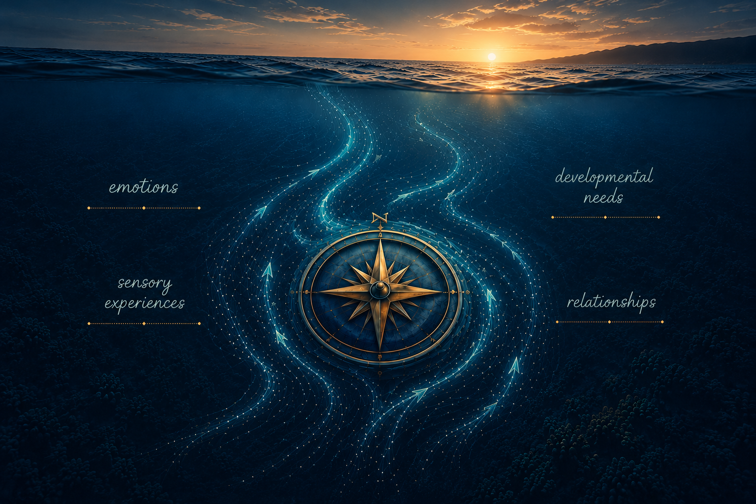 A compass at the center over water with a sunset in the background and swirling pathways labeled emotions, sensory experiences, developmental needs, and relationships.