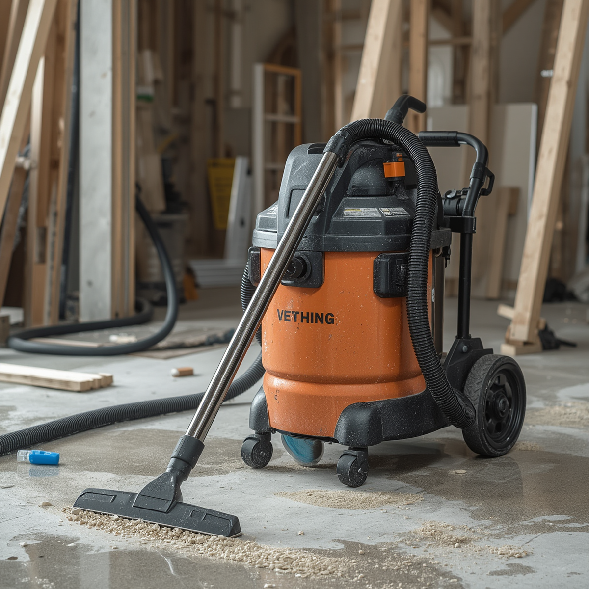 An orange wet/dry vacuum cleaner with black wheels on a construction site, surrounded by wooden framing and construction materials.