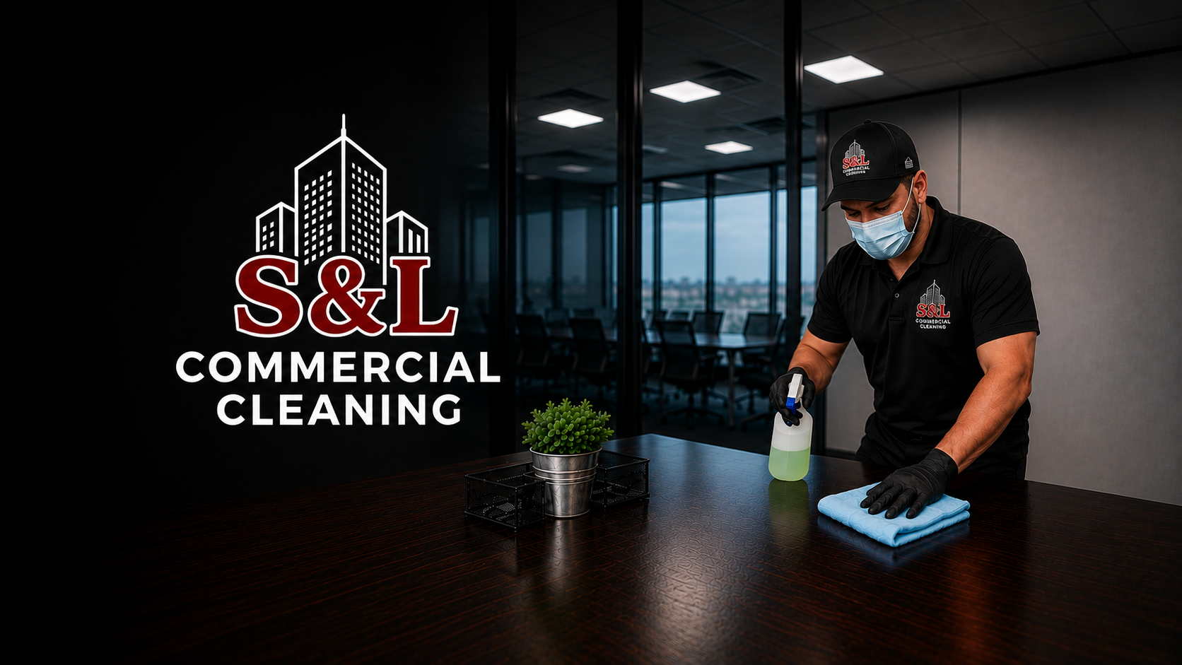 Commercial cleaning professional disinfecting a conference room in a modern office for S&L Commercial Cleaning in Lancaster, PA.