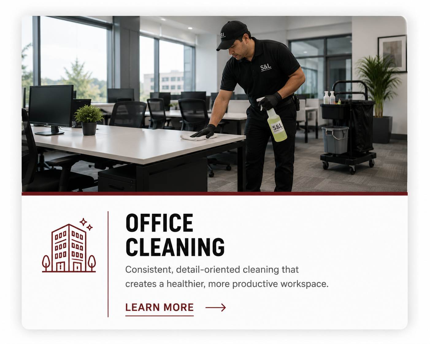 Office cleaning services in Lancaster, PA with a professional cleaner disinfecting a modern office workspace.