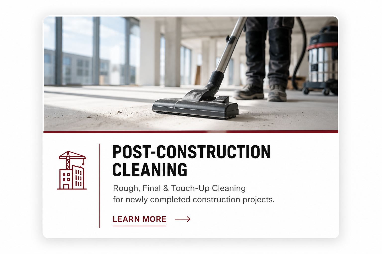 Post-construction cleaning services removing dust and debris from a newly completed commercial building in Pennsylvania.