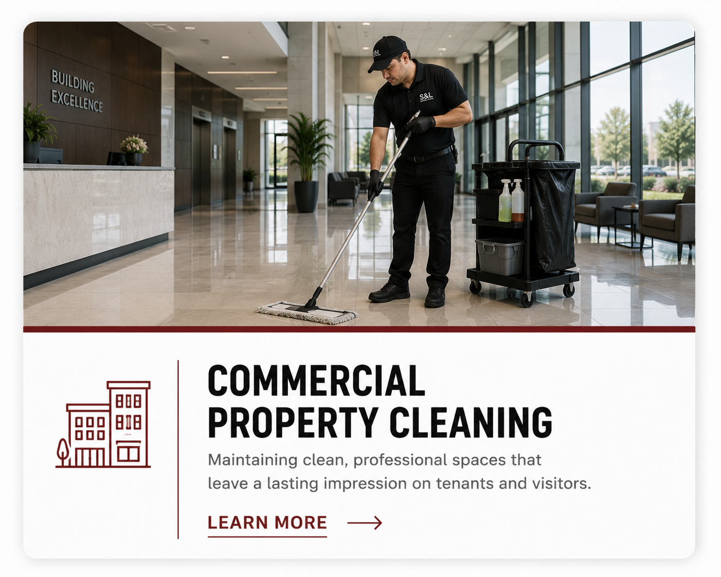 Commercial property cleaning with professional floor maintenance in a modern office lobby.
