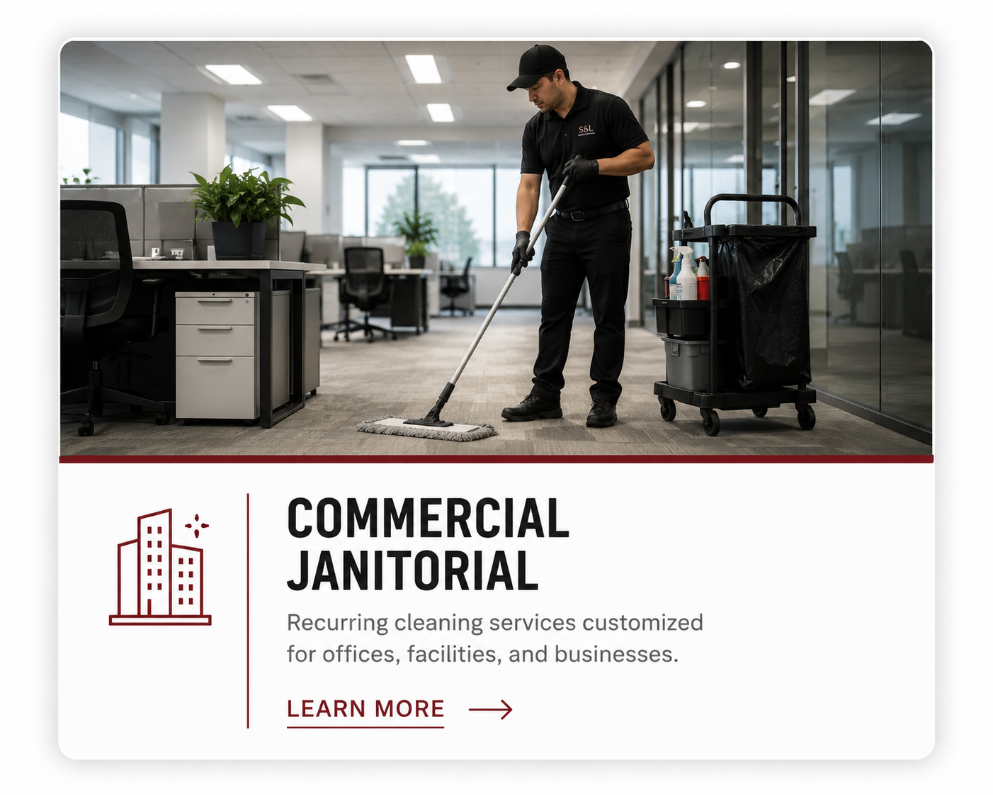 Commercial janitorial services for office buildings, including floor cleaning and daily maintenance by S&L Commercial Cleaning.