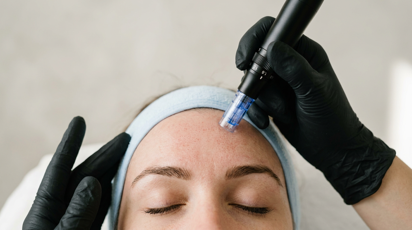 A person lying down with a blue headband, receiving a skin treatment with a device held by a technician wearing black gloves.