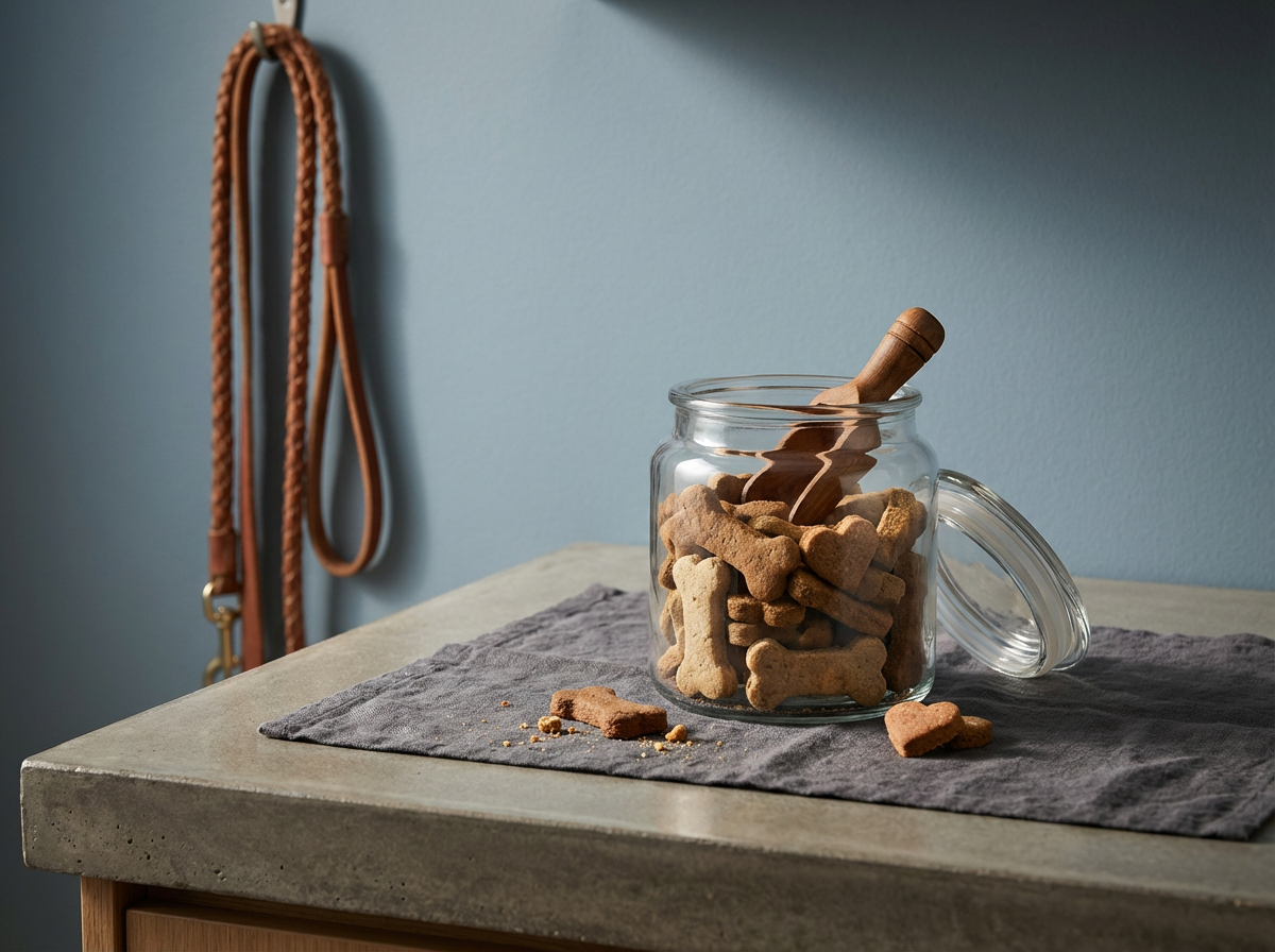 A glass jar filled with dog bone-shaped cookies and a wooden scoop inside, placed on a gray cloth on a concrete countertop with a blue wall background and a hanging brown leather leash.