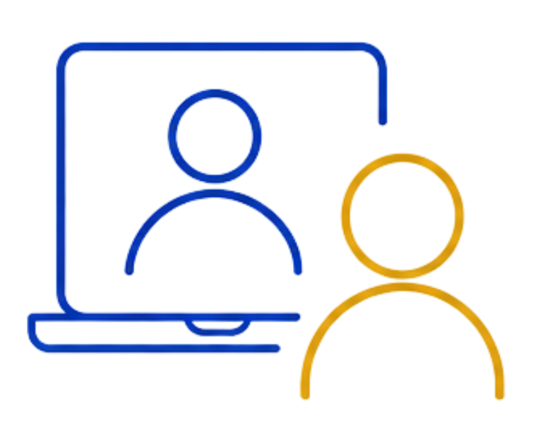 Outline of a person on a laptop screen, with another person beside it, representing online communication or video conferencing.