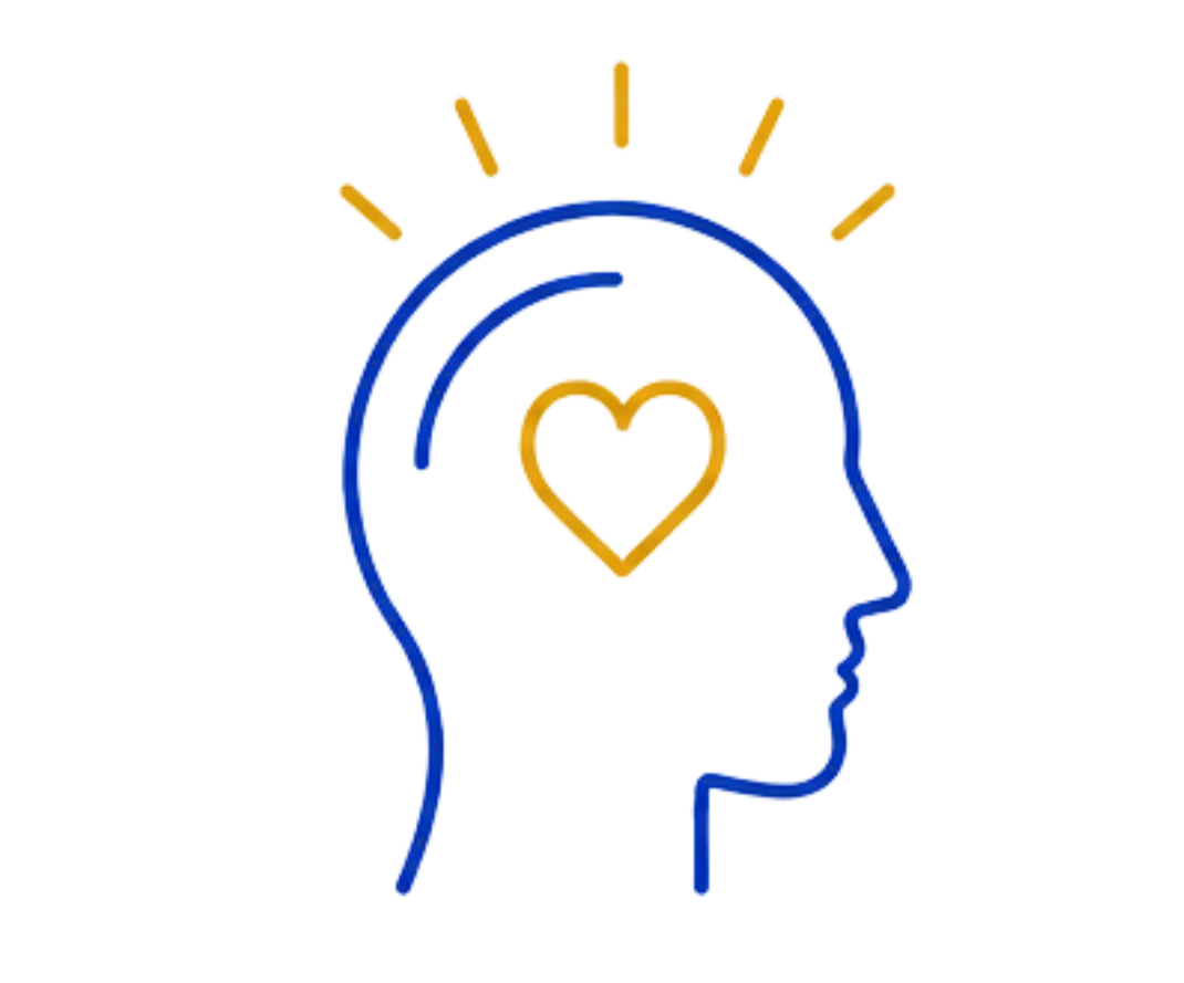 Illustration of a human head in profile with a heart-shaped symbol inside the brain area, representing mental health or love.