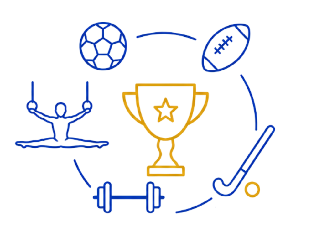 Illustration of sports equipment, a trophy, and a person stretching in a yoga pose.