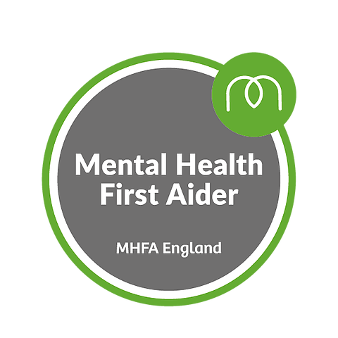 Logo for Mental Health First Aider by MHFA England, featuring a green circle with a smaller green circle containing a stylized 'm' at the top right.