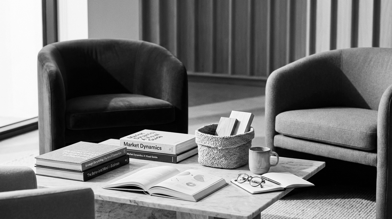A cozy reading and meeting nook with two armchairs around a marble coffee table, books, a pair of glasses, a notebook, a mug, and decorative items in a modern interior.