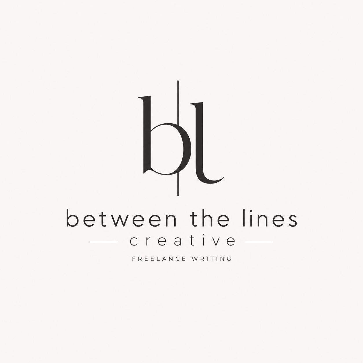 Logo for 'Between the Lines Creative,' a freelance writing business, featuring the letters 'b' and 'l' separated by a vertical line.