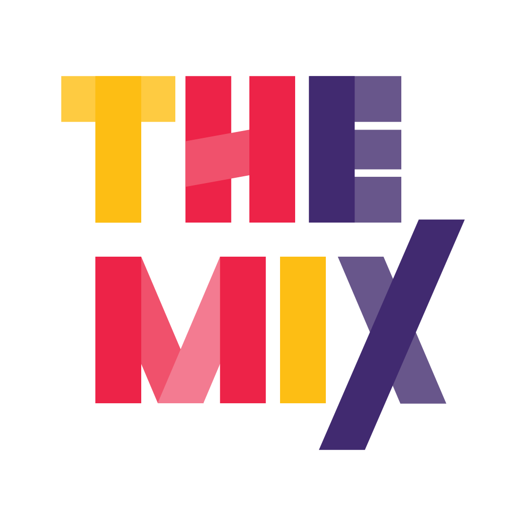 Colorful text spelling 'THE MIX' with overlapping segments on a black background.