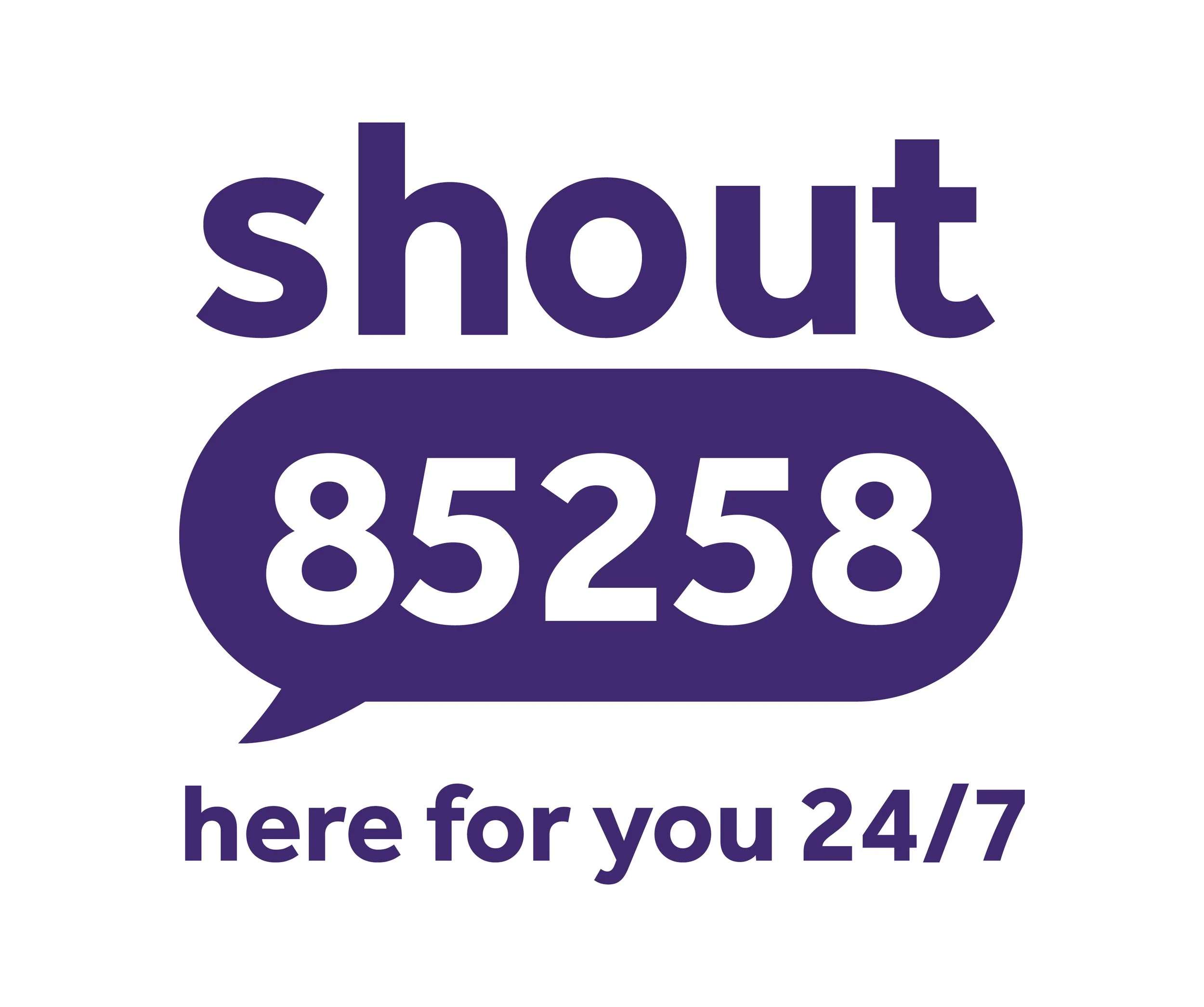Purple speech bubble with the text 'shout' and a phone number '85258' and additional message 'here for you 24/7'.