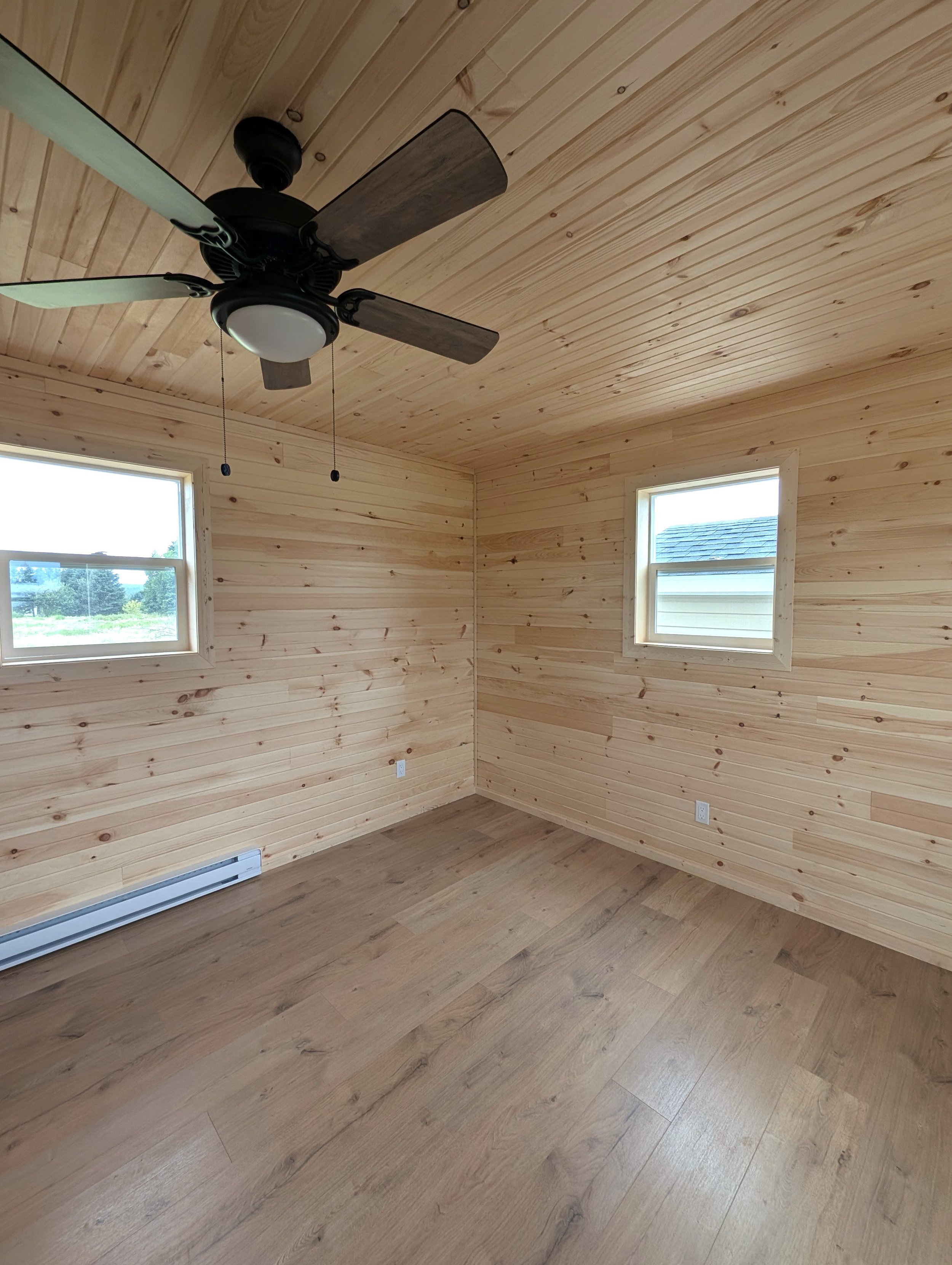 Custom designed and built 12 x 16 Bunk House with pine interior built for cottage owner in Canoe Cove, PEI.
