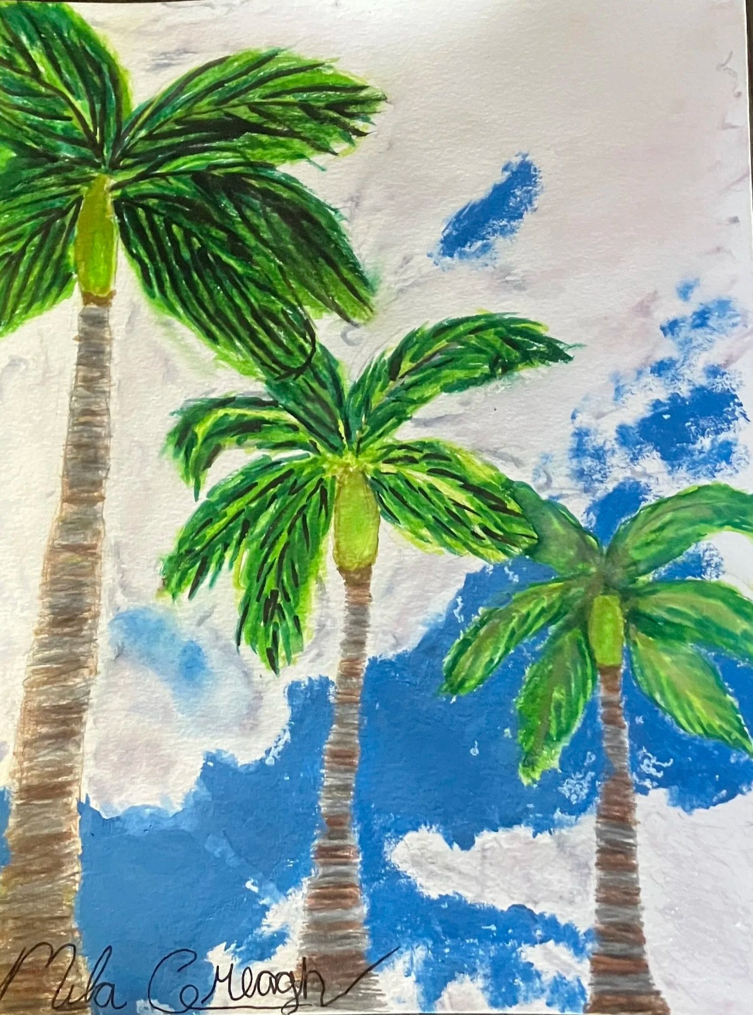 three palms in a row - (colored pencil, sharpie, watercolor) 