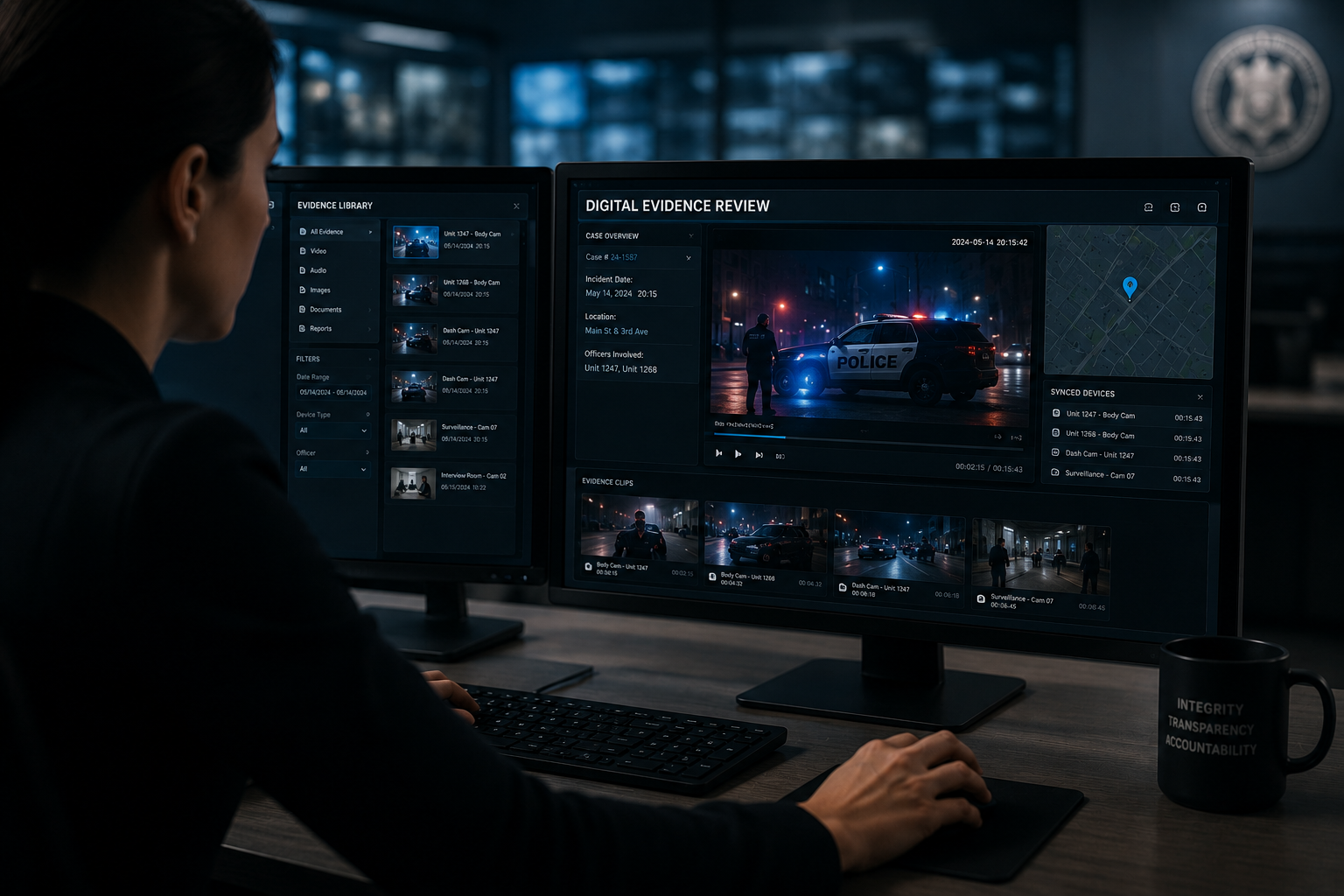 A woman working at a computer with dual monitors displaying police evidence review software, showing video footage of a police car and officers at night.