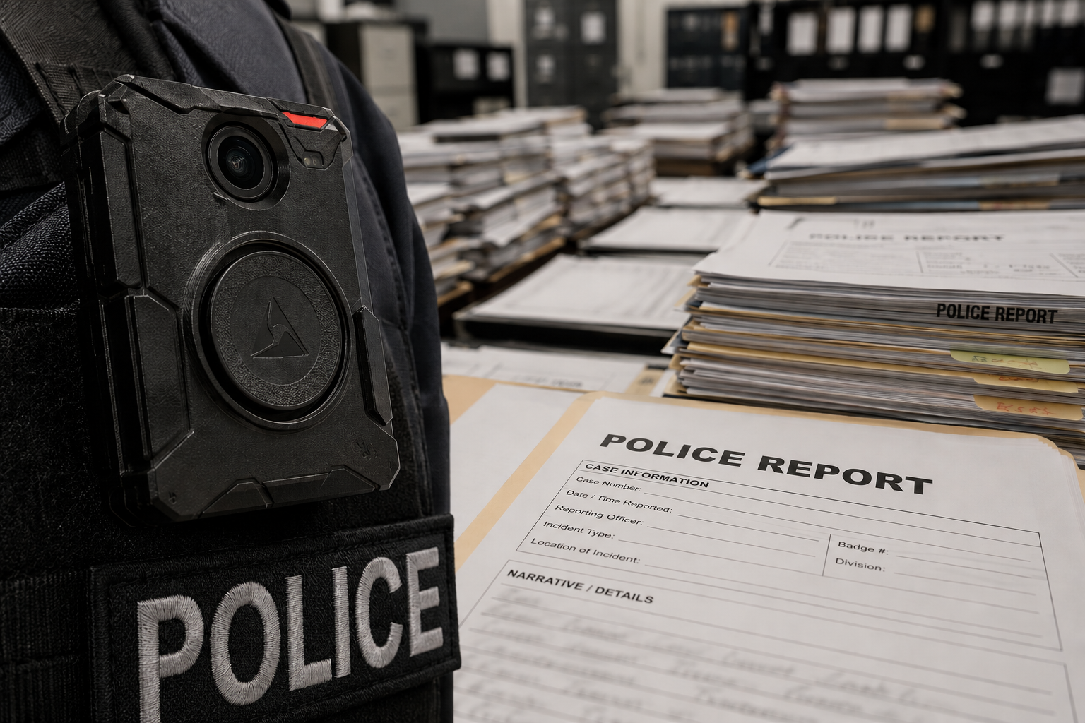 A police officer's vest with a body camera attached, next to a large stack of police reports on a desk.