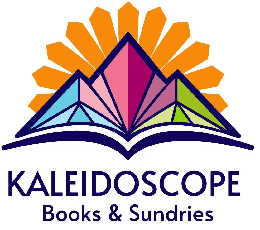 A colorful logo for Kaleidoscope Books & Sundries featuring a stylized open book with geometric mountain shapes and a radiating sun pattern in orange, pink, purple, blue, and green.