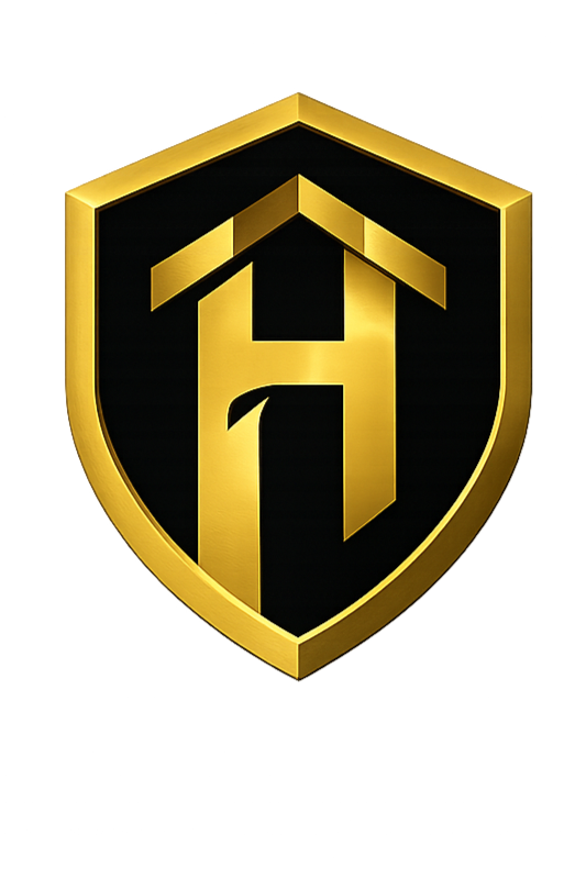 A black and gold shield logo with a stylized uppercase 'H' in the center, featuring a roof-like shape above the letter.