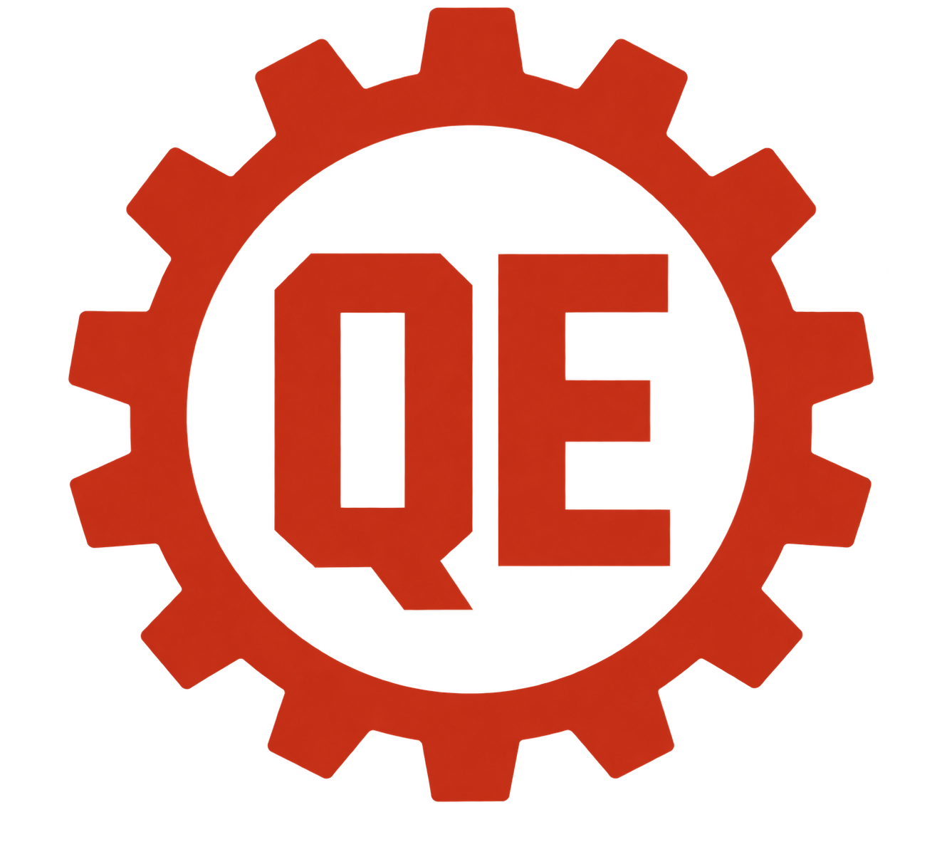 A gear with a red center containing the letters 'QE' in bold uppercase, representing quality engineering.