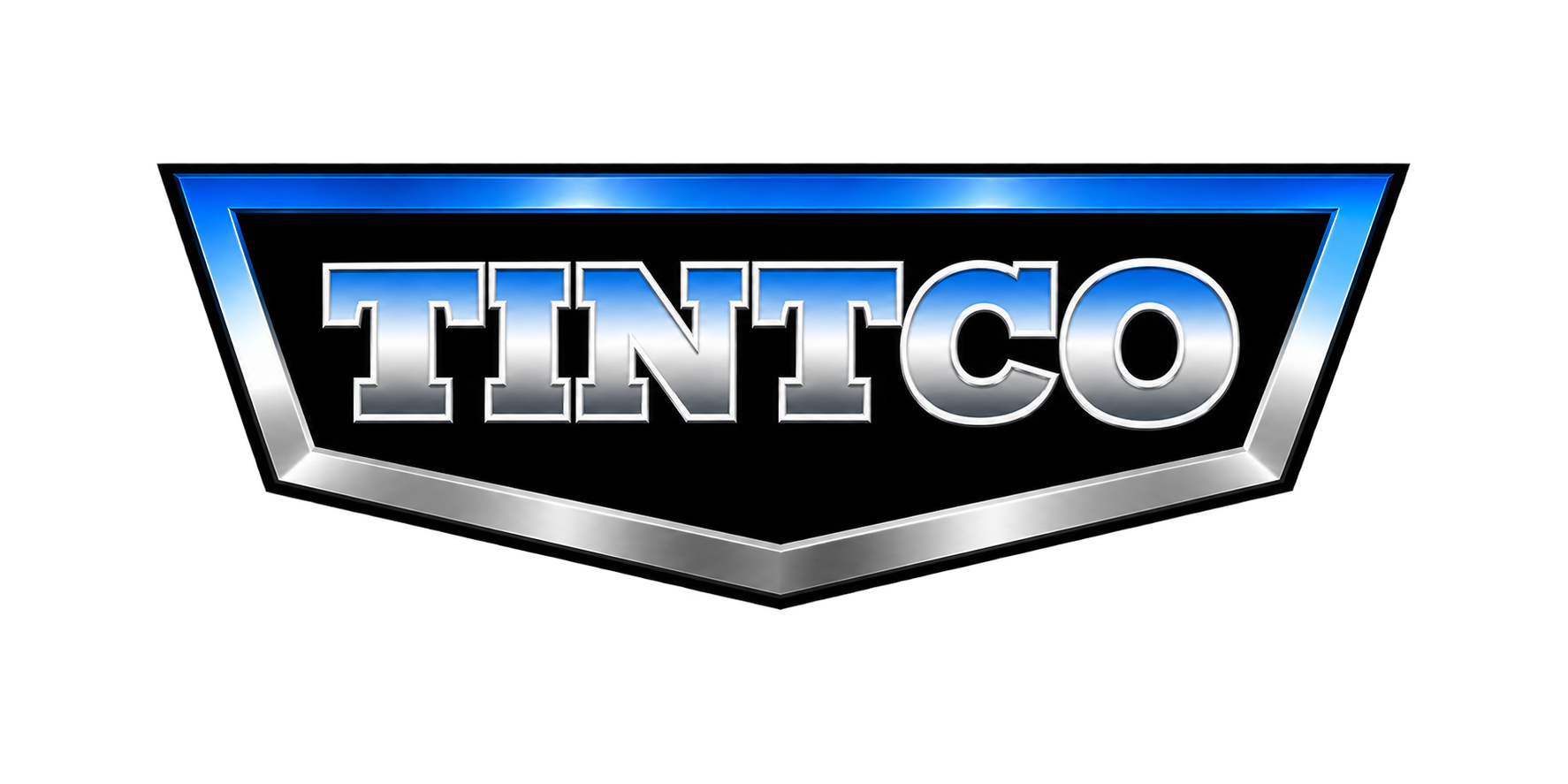 TINTCO logo with metallic and blue design on a black background.