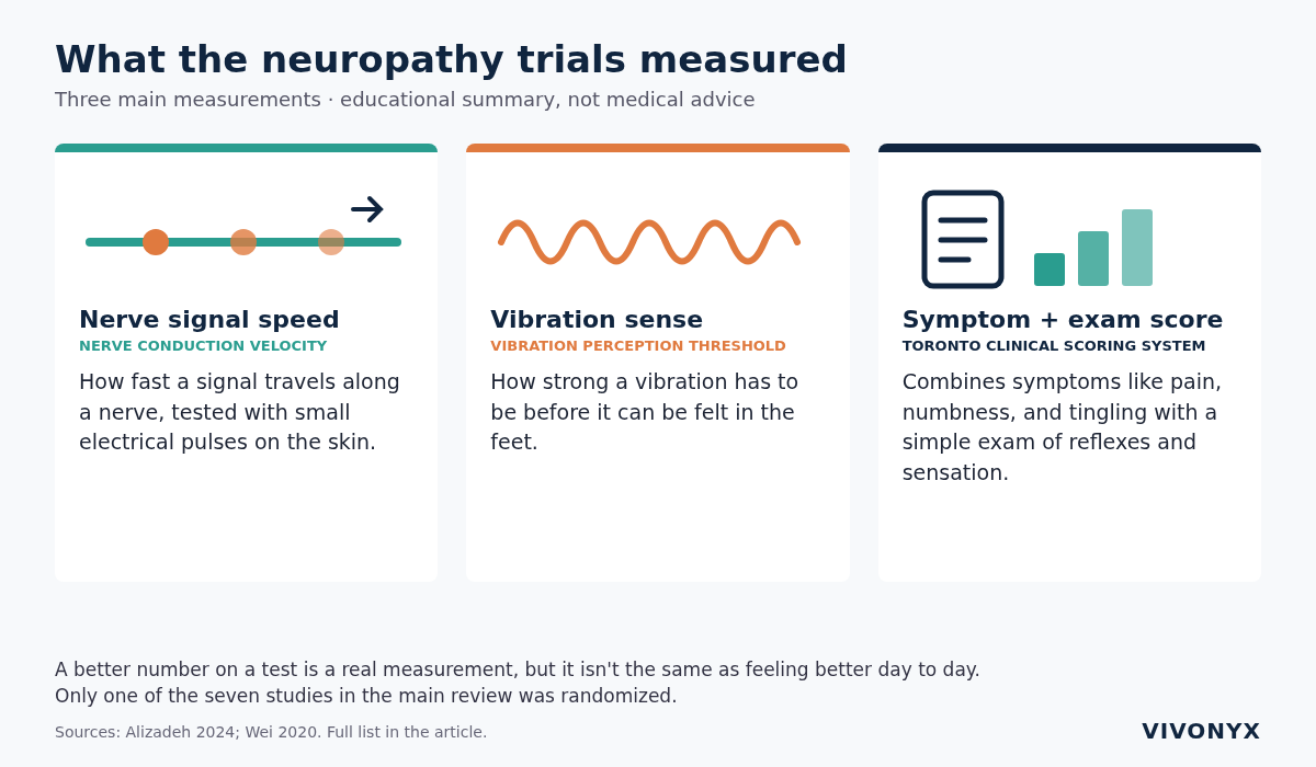 Educational diagram showing the three main things the neuropathy trials measured: nerve signal speed, vibration sense in the feet, and a symptom-and-exam score.