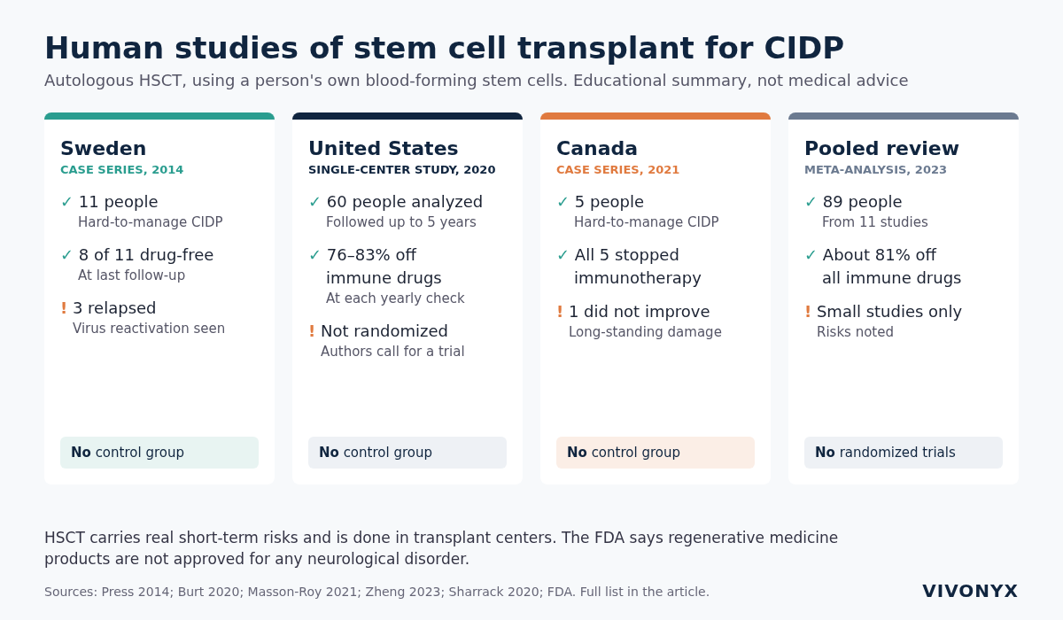Educational diagram of four sets of human studies of stem cell transplant for CIDP: Sweden 2014 (11 people), U.S. 2020 (60), Canada 2021 (5) and a 2023 pooled review (89). None were randomized; the procedure has real risks and no FDA approval.