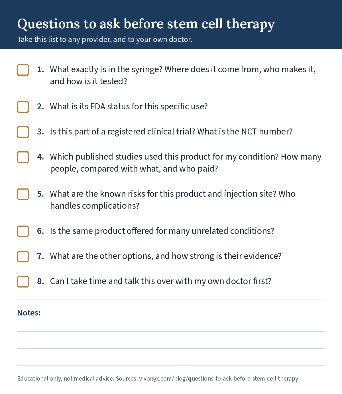 Printable checklist titled "Questions to ask before stem cell therapy" listing the eight questions from this article.