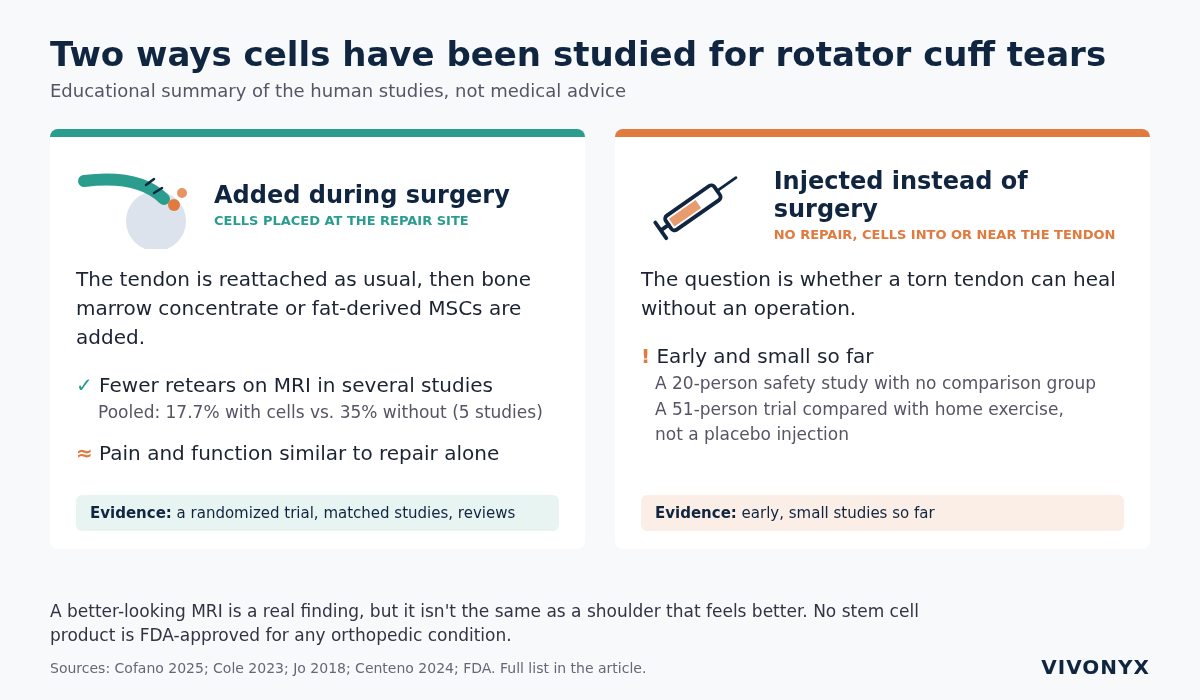 Educational diagram comparing two ways stem cells have been studied for rotator cuff tears: added during surgical repair, where retears on MRI were often lower but pain and function were similar, and injected instead of surgery, where the evidence is