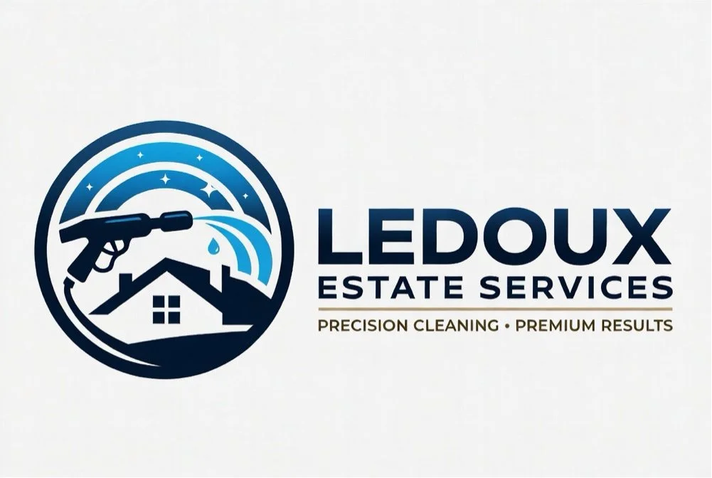 Logo for Ledoux Estate Services with a house, a rain spray, and a rainbow, indicating cleaning or home services.