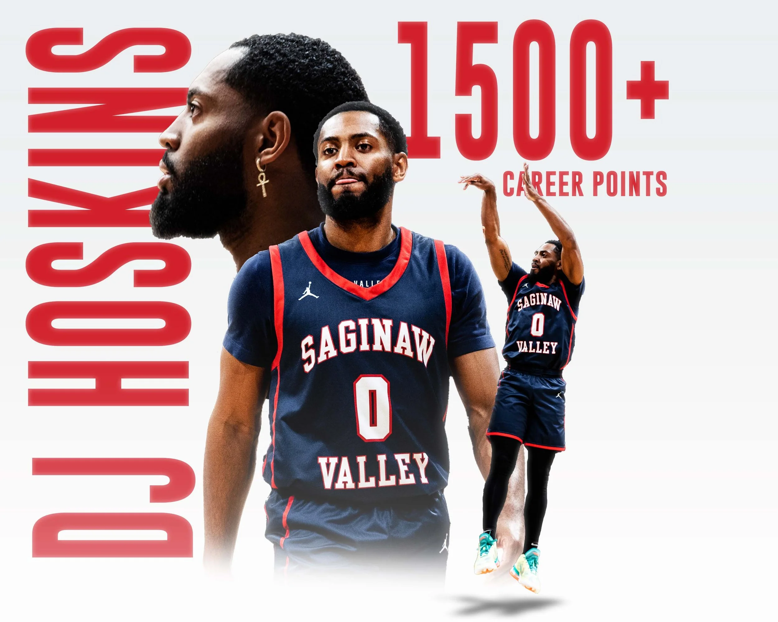 Two basketball players from Saginaw Valley team in action, both wearing navy jerseys with red accents, with large red text indicating 1500+ career points.