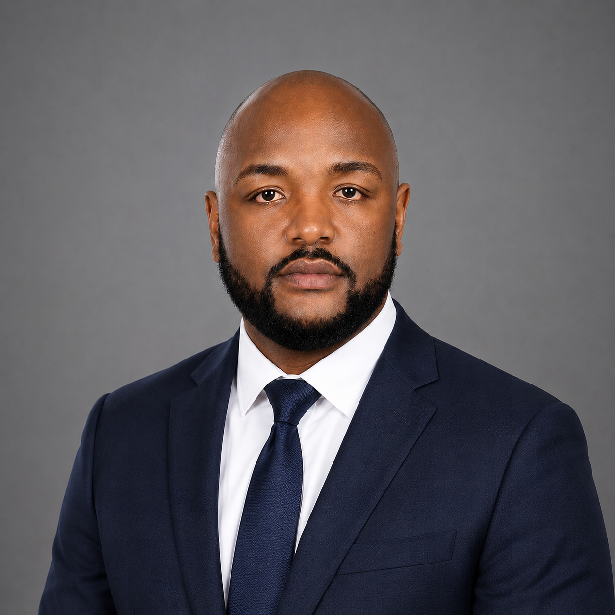 A man wearing a navy blue suit, white shirt, and navy tie against a gray background.