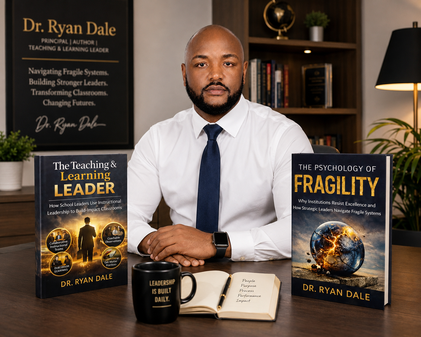 A man in a white shirt and navy tie sitting at a desk with two books authored by Dr. Ryan Dale, a black mug, and an open notebook. The background includes a bookshelf, a lamp, and a framed poster about Dr. Ryan Dale's work.