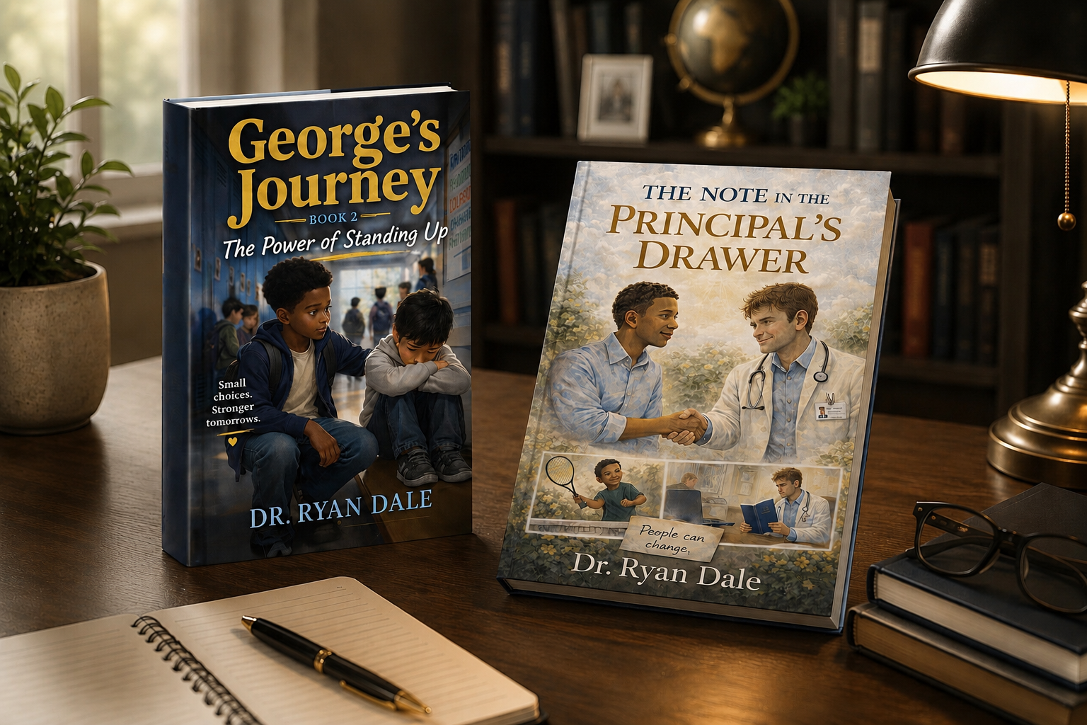 Two books by Dr. Ryan Dale on a wooden desk, one titled "George's Journey: The Power of Standing Up" showing two boys sitting in a hallway, and the other titled "The Note in the Principal's Drawer" depicting two men, one in a doctor coat, shaking hands in a garden.