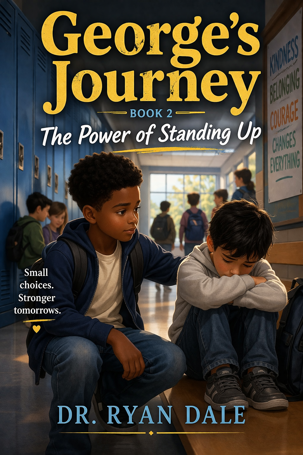 A book cover for 'George's Journey: The Power of Standing Up' by Dr. Ryan Dale. The cover shows two boys sitting on the floor in a school hallway, with the boy on the left comforting the boy on the right who appears upset. In the background, other students are walking and lockers are visible. A colorful poster on the wall includes words like 'kindness,' 'belonging,' 'courage,' 'changes,' and 'everything.' The tagline reads, 'Small choices. Stronger tomorrows.'